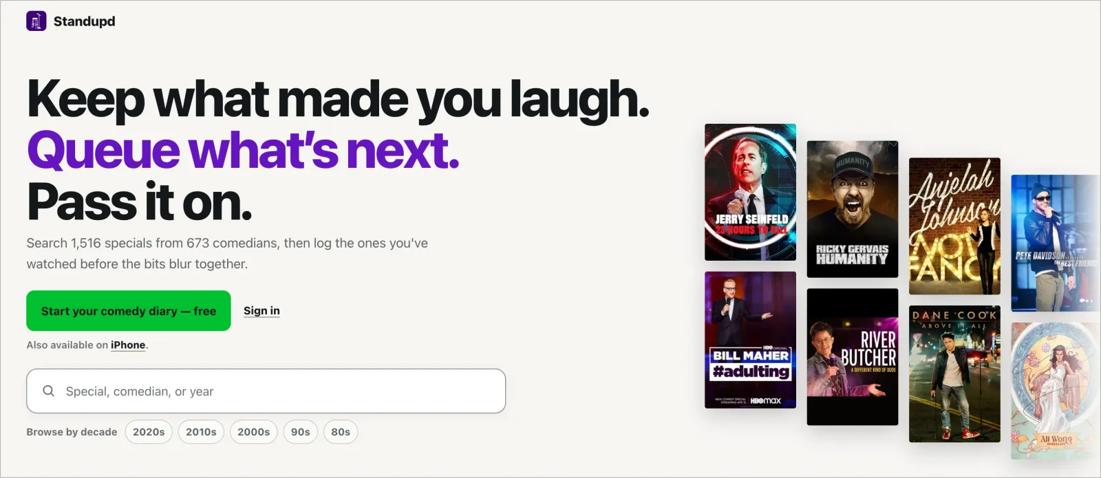 Standupd — Letterboxd, but for stand-up. Built because I wanted somewhere to log what I watch.