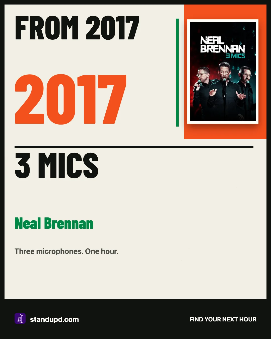 Archive social card featuring Neal Brennan's 3 Mics