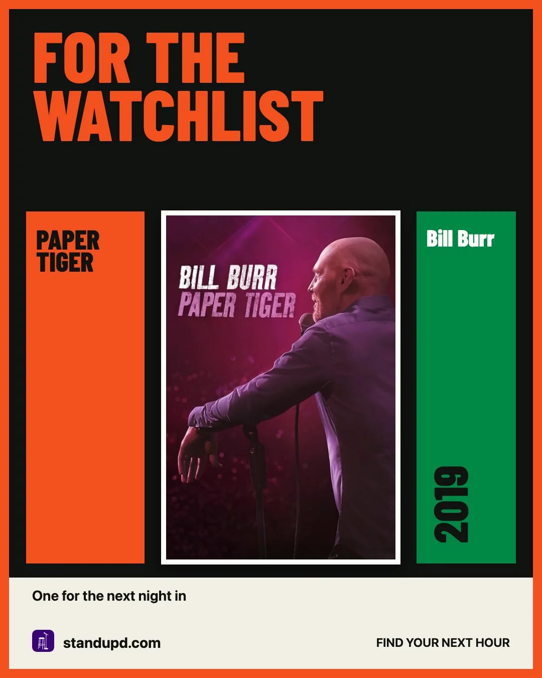 Marquee social card featuring Bill Burr's Paper Tiger