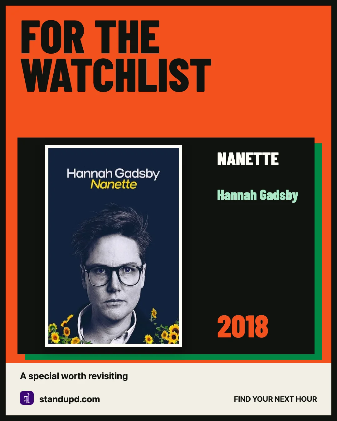 Spotlight social card featuring Hannah Gadsby's Nanette